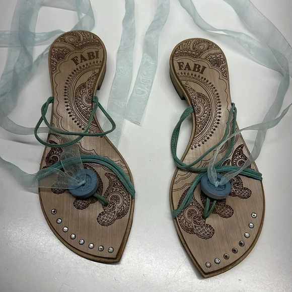 Fabi Sandals Shoes Wooden Low Heel Pointed Toe Jeweled Lace Up Brown Size 38 8 - Picture 2 of 12